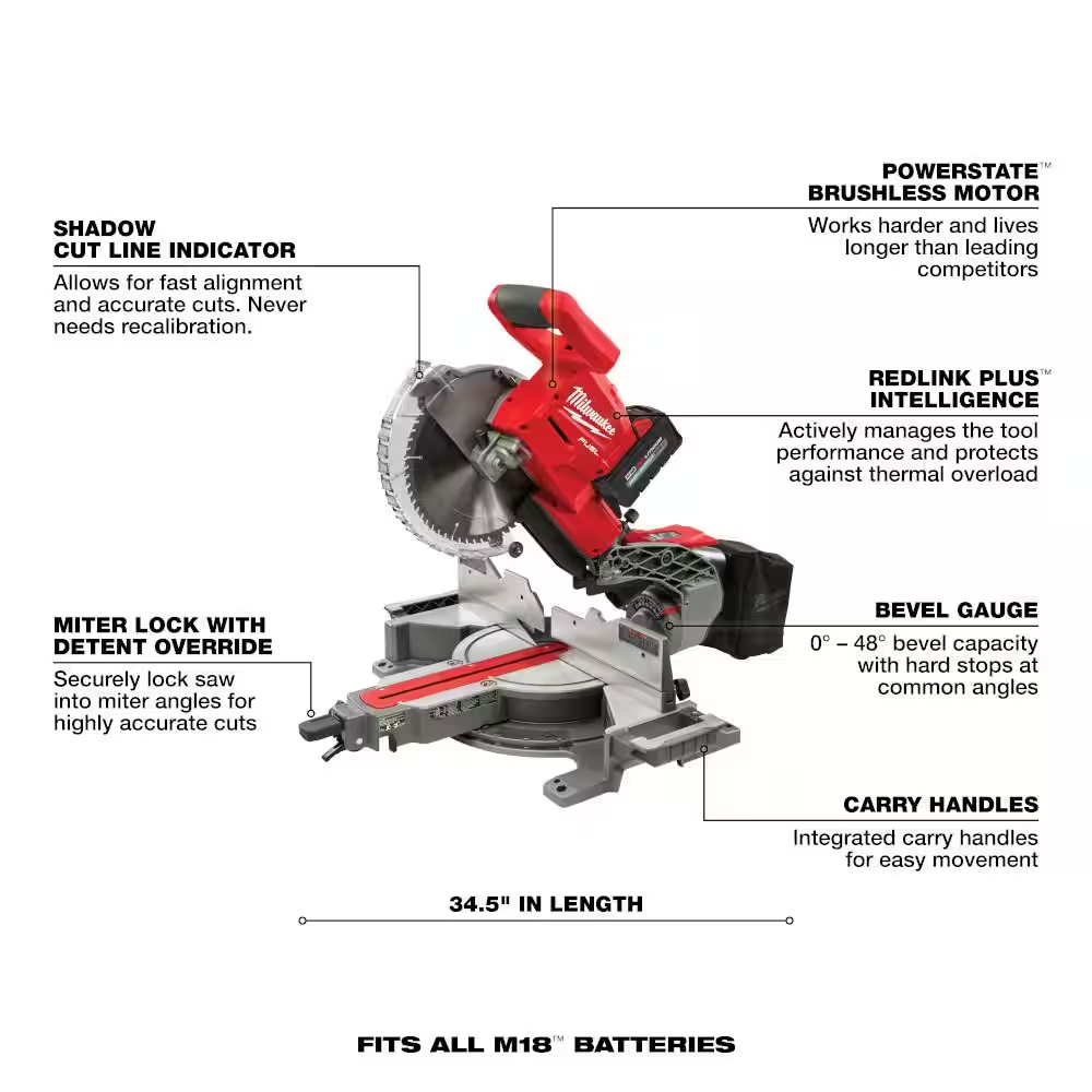 M18 FUEL 18V 10 In. Lithium-Ion Brushless Cordless Dual Bevel Sliding Compound Miter Saw Kit W/(2) 8.0 Ah Batteries