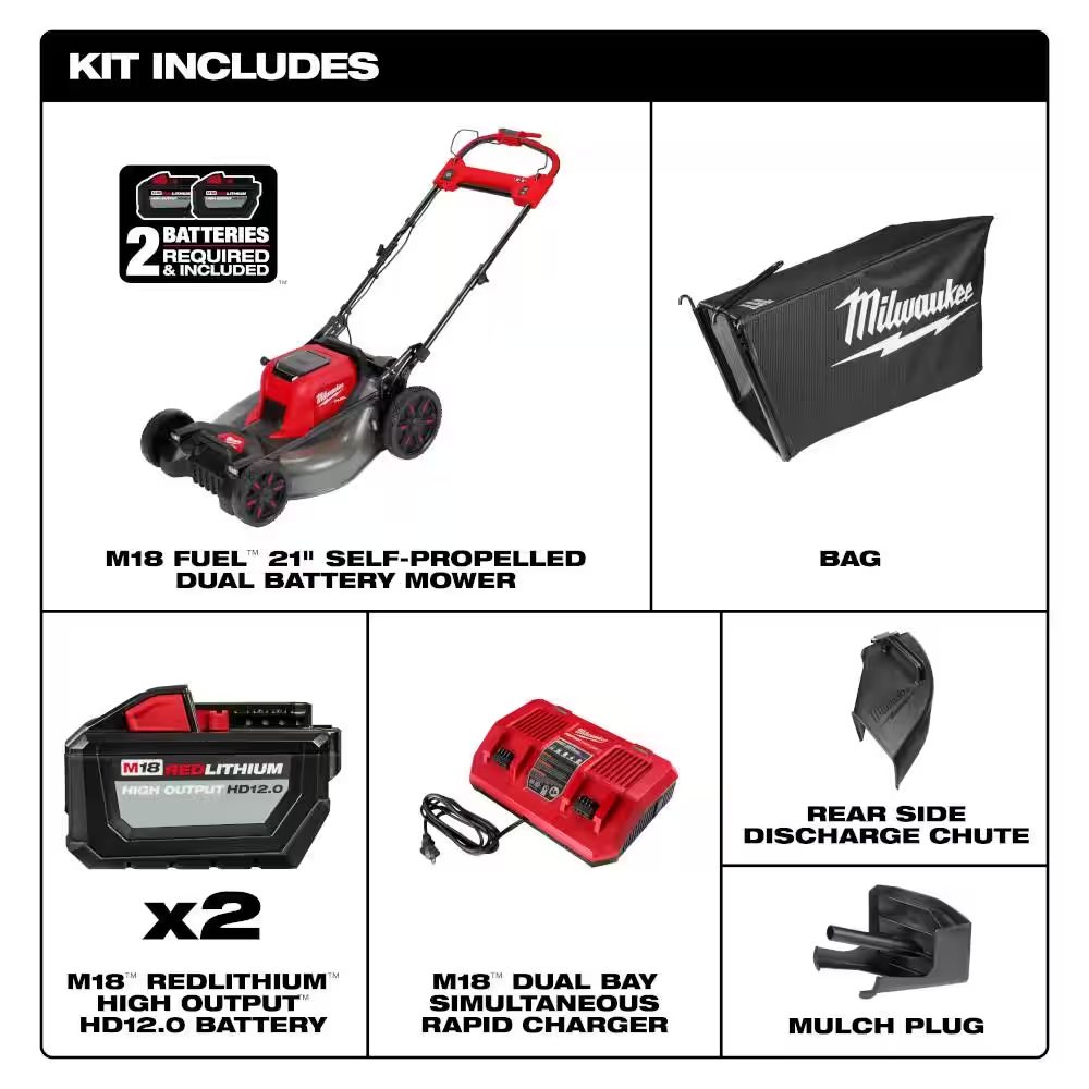 M18 FUEL Brushless Cordless 21 In. Walk behind Dual Battery Self-Propelled Mower W/(2) 12.0Ah Battery and Rapid Charger