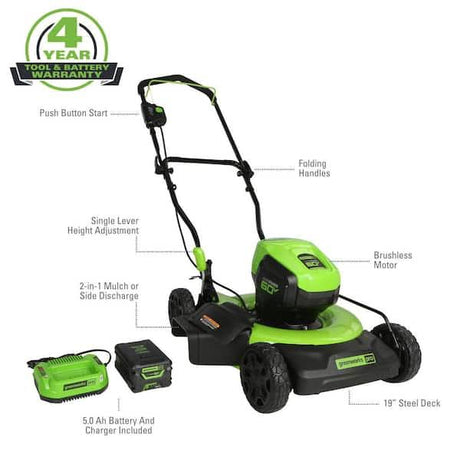 Greenworks Pro 19 in. 60V Battery Cordless 2-in-1 Lawn Mower with 5.0 Ah Battery with Charger